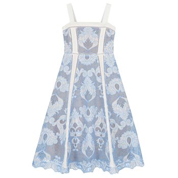 Girls White & Blue Embroidery Maxi Dress