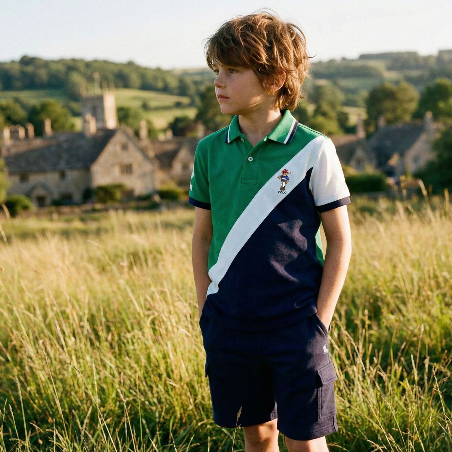 Boys Green, White & Navy Blue Polo Shirt , 1, hi-res