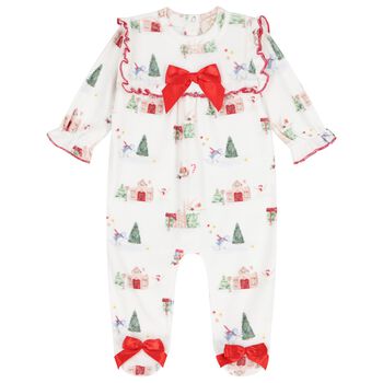 Caramelo Kids Baby Girls Ivory & Red Satin Bow Christmas Babygrow , 1 Baby Girls Ivory & Red Satin Bow Christmas Babygrow