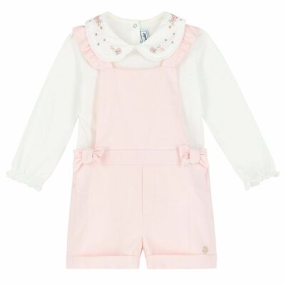 Younger Girls Pink & White Bow Dungaree Set