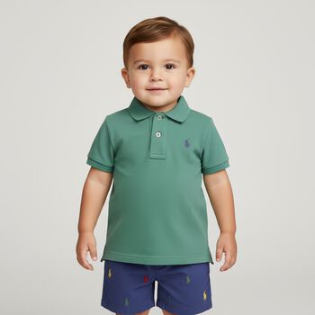 طقم شورت أولاد بالشعار باللون الأخضر والأزرق للأطفال