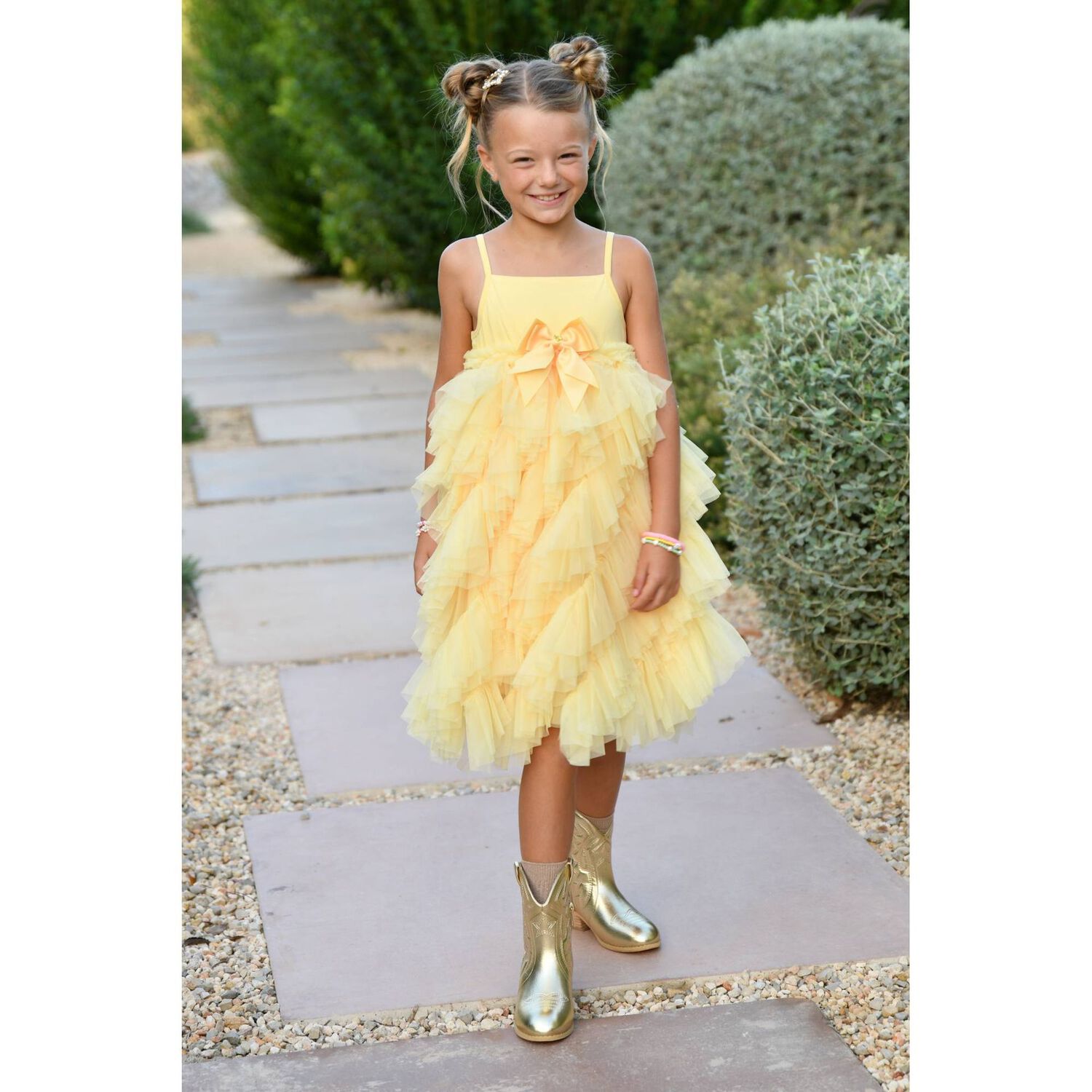 Girls Yellow Tulle Ruffles Dress, 3, hi-res