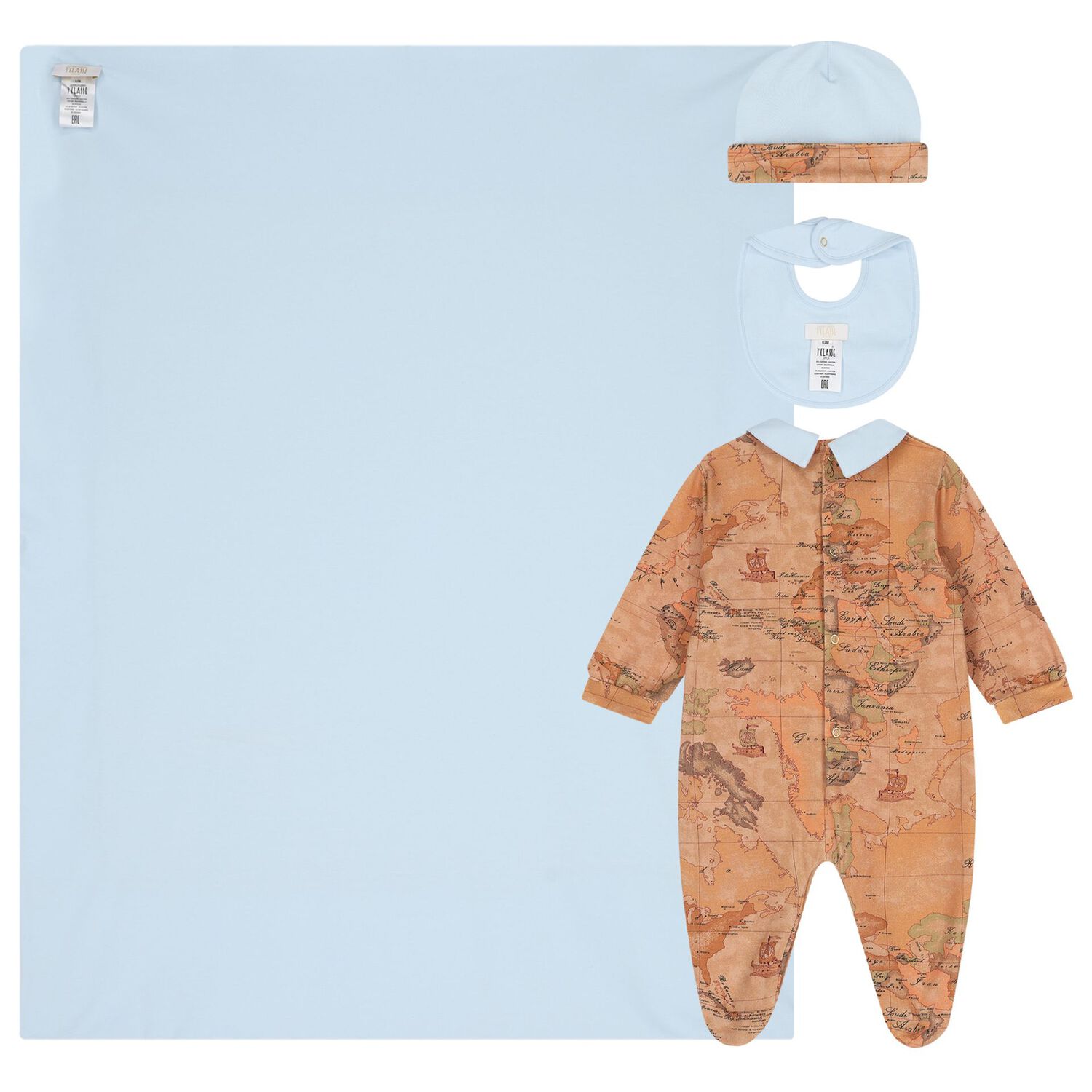 طقم هدايا ملابس أطفال للأولاد الصغار بطبعة خريطة جغرافية باللونين البيج والأزرق, 1, hi-res