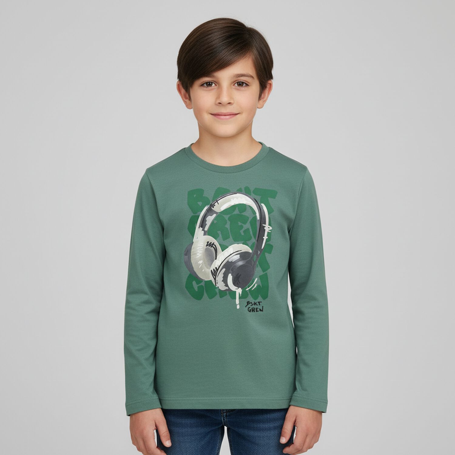 Boys Green Headphone Long Sleeve Top, 2, hi-res