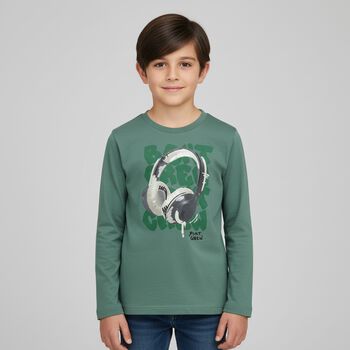 Boys Green Headphone Long Sleeve Top