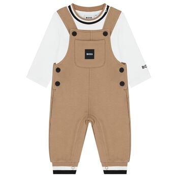 Baby Boys Beige & White Logo Dungaree Gift Set