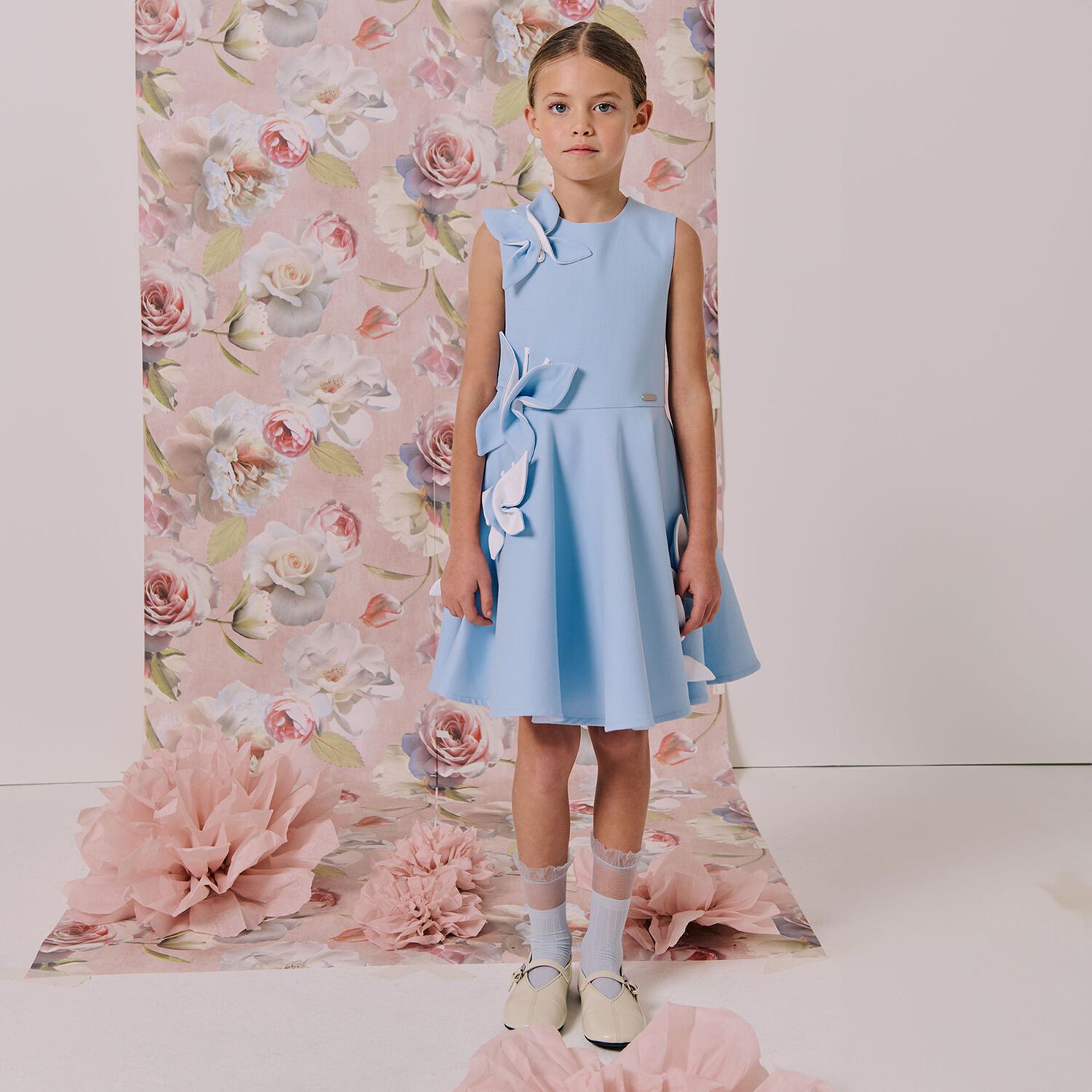 Girls Blue Butterfly Satin Dress, 2, hi-res