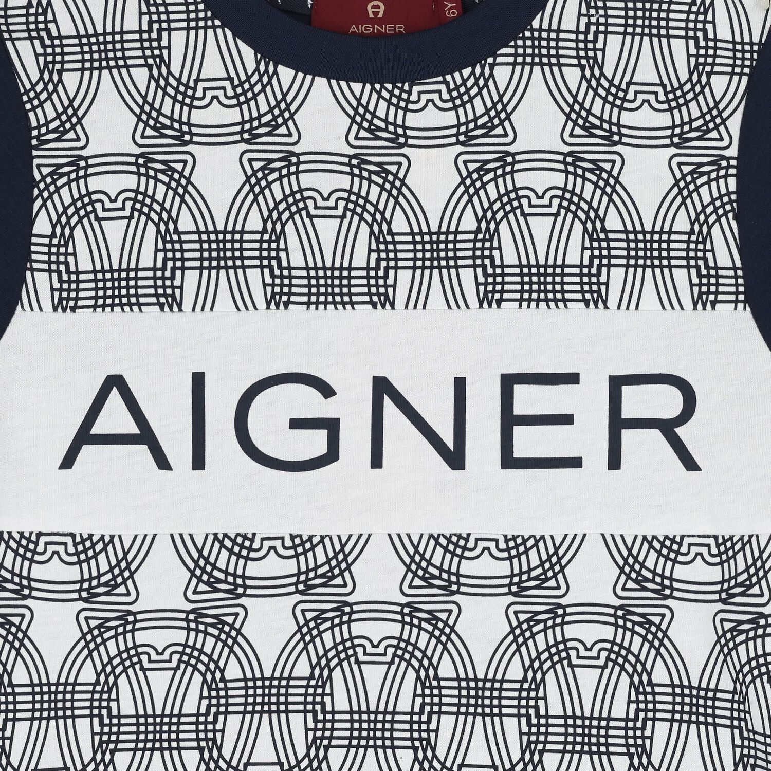 تي شيرت باللون  أبيض وأزرق داكن بشعار للأولاد, 1, hi-res