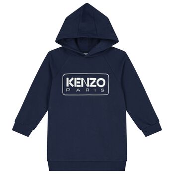 Girls Navy Blue Logo Hooded Dress