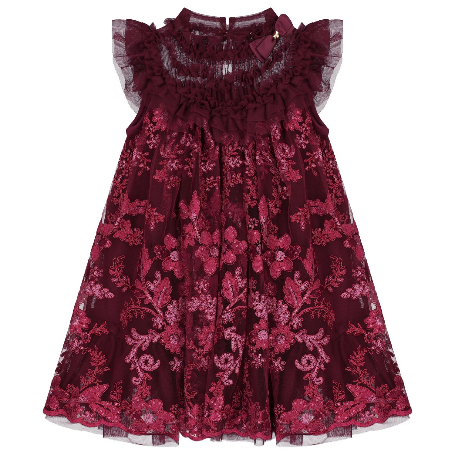Girls Burgundy Embellished Tulle Dress, 2, hi-res