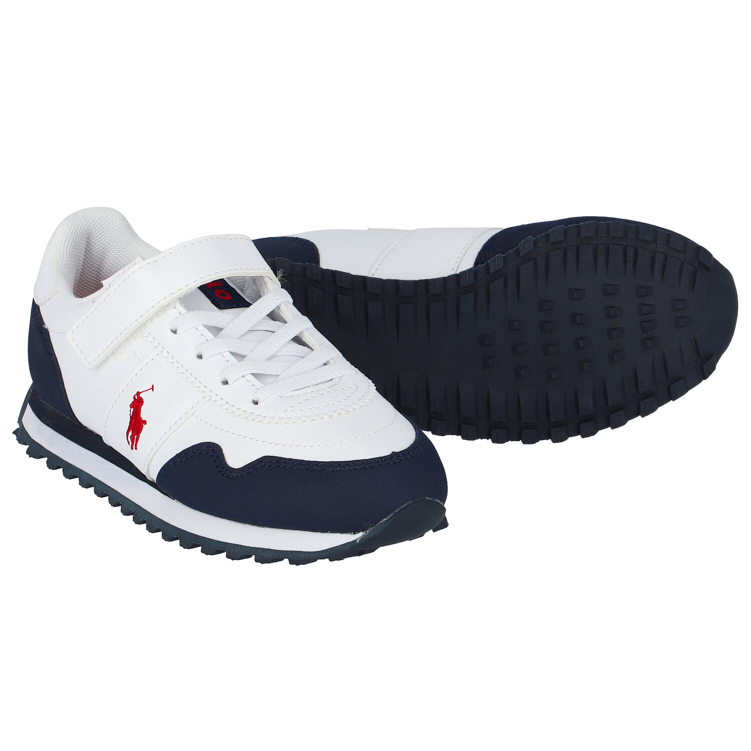 Boys White & Navy Logo Trainers, 1, hi-res