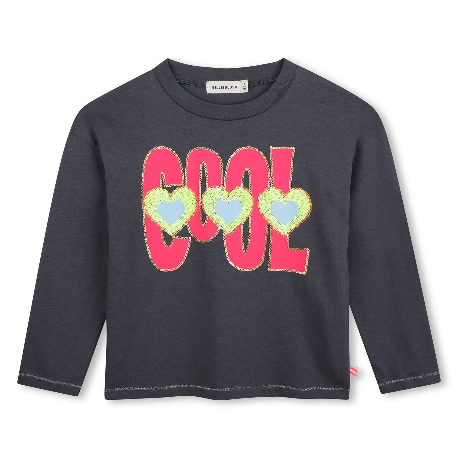 Girls Grey Sequin Heart Long Sleeve Top, 1, hi-res