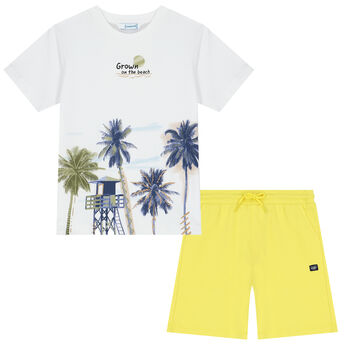 Boys White & Yellow Palm Tree Shorts Set