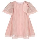 Girls Pink Lace & Chiffon Bow Dress, 1, hi-res