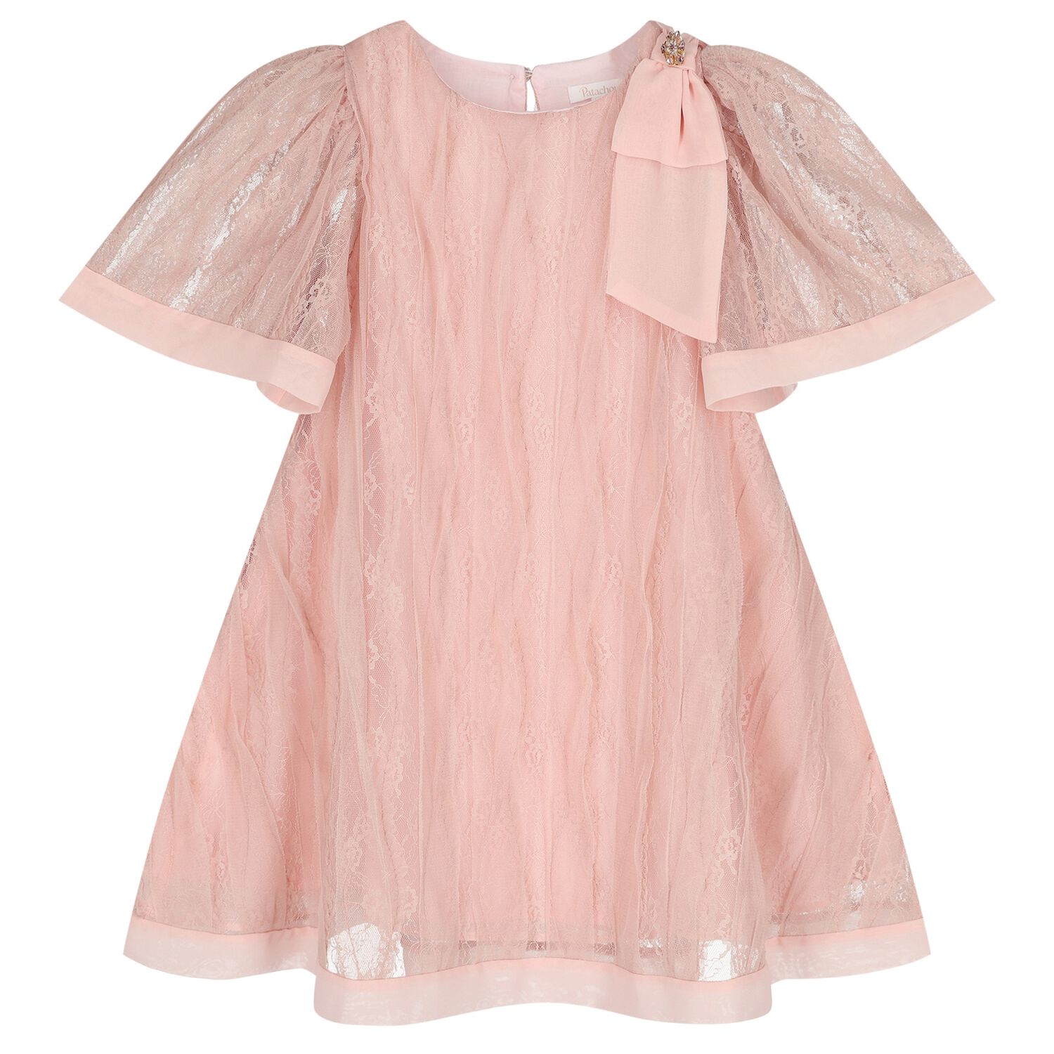 Girls Pink Lace & Chiffon Bow Dress, 1, hi-res