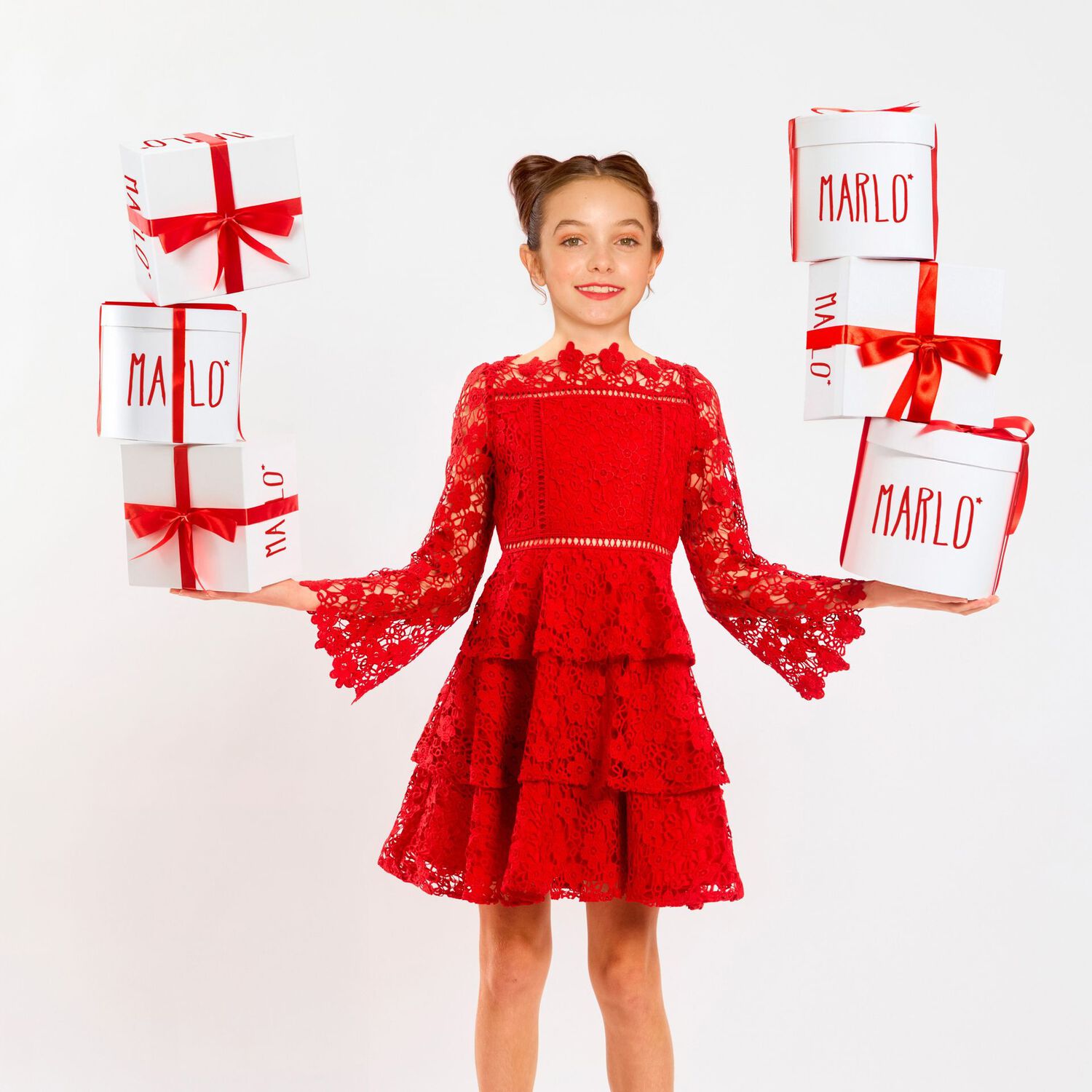 Girls Red Foral Lace Dress , 1, hi-res