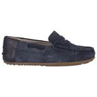 Boys Navy Blue Suede Leather Moccasins , 2, hi-res