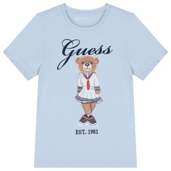 Girls Blue Cotton Bear Logo T-Shirt