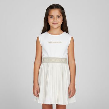Girls Ivory & Gold Logo Dress