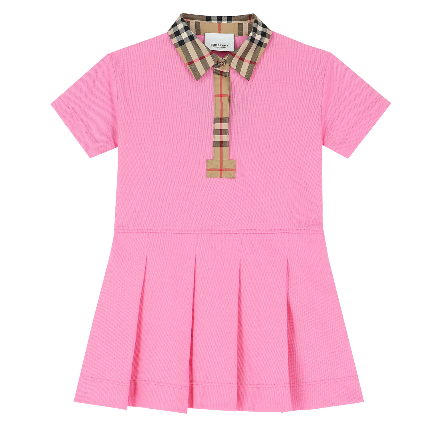 Younger Girls Pink Checkered Polo Dress, 1, hi-res