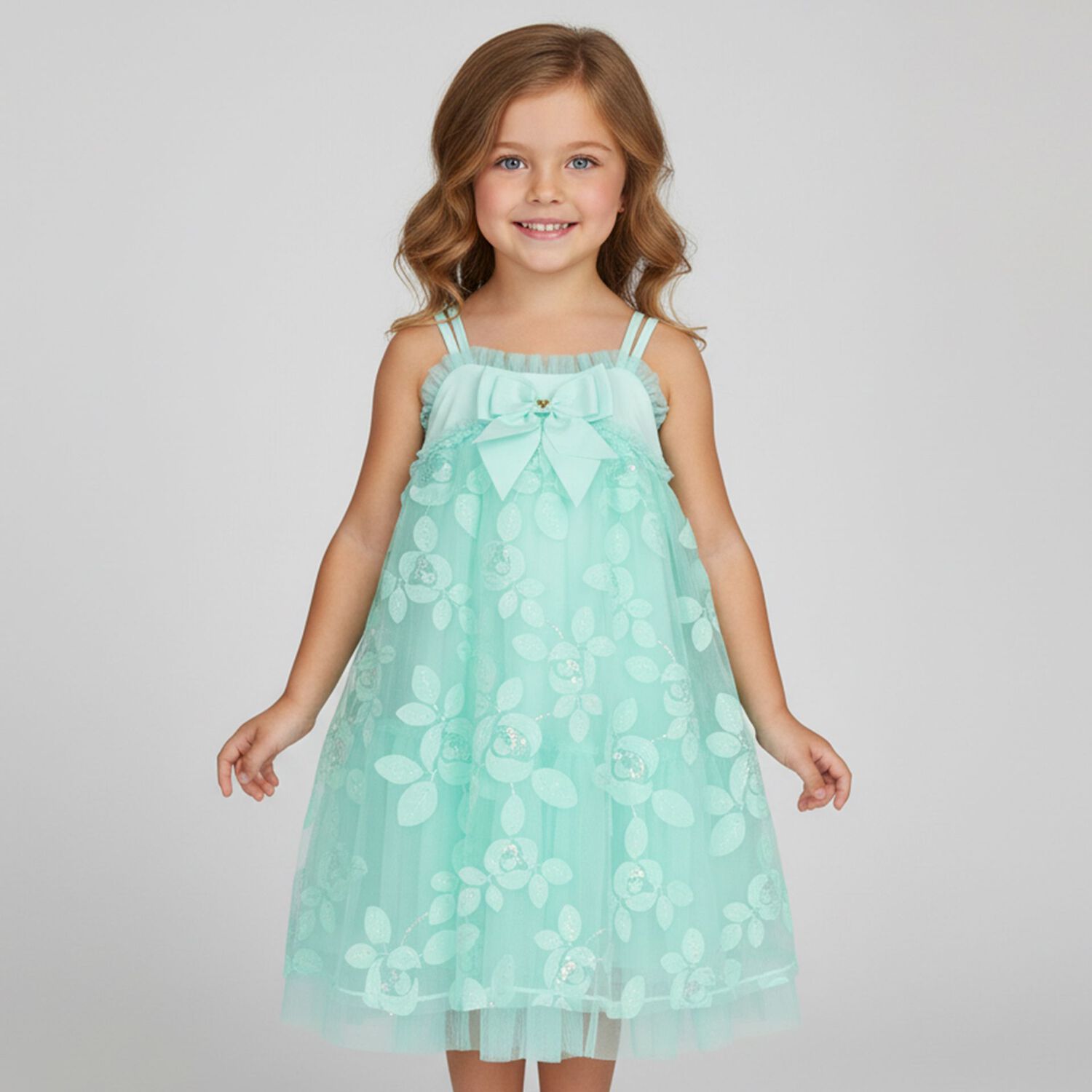 Girls Green Appliqued Tulle Dress, 1, hi-res