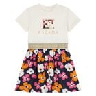Younger Girls Ivory & Navy Blue Logo Floral Dress, 1, hi-res