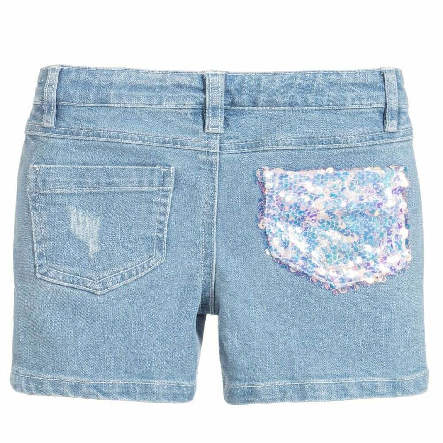 Girls Blue Embellished Denim Shorts, 1, hi-res image number null