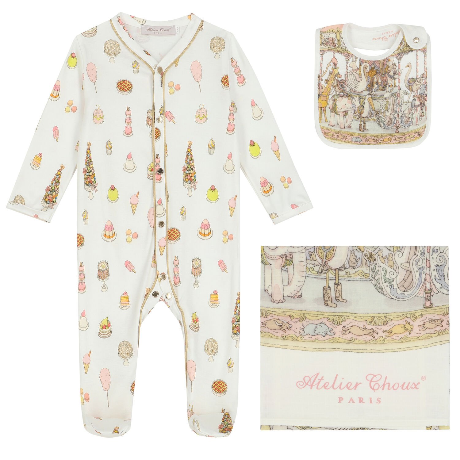 Baby Girls Ivory & Pink Carousel Babygrow Gift Set, 1, hi-res