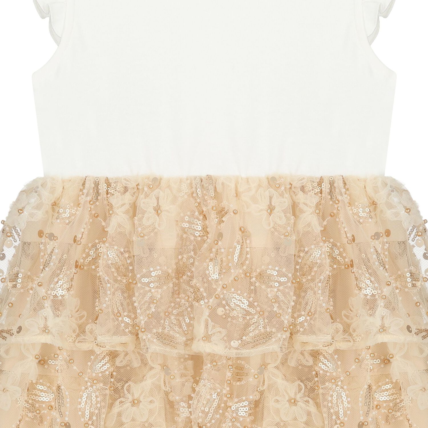 فستان بنات تول مزين بالترتر باللون البيج والعاجي, 1, hi-res image number null