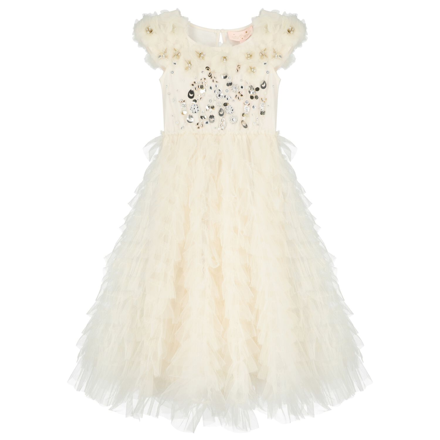 Girls Beige Sequin Embellished Tulle Dress, 1, hi-res