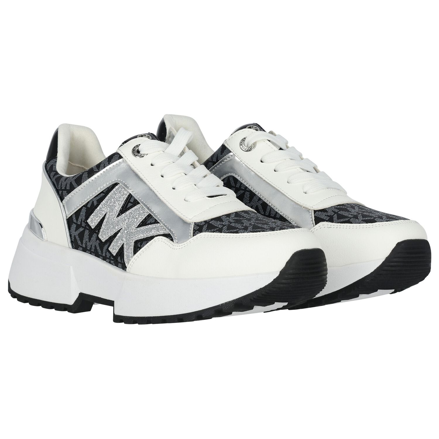 Girls White & Black Logo Trainers, 1, hi-res