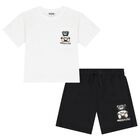 Boys White & Black Teddy Bear Logo Shorts Set, 2, hi-res