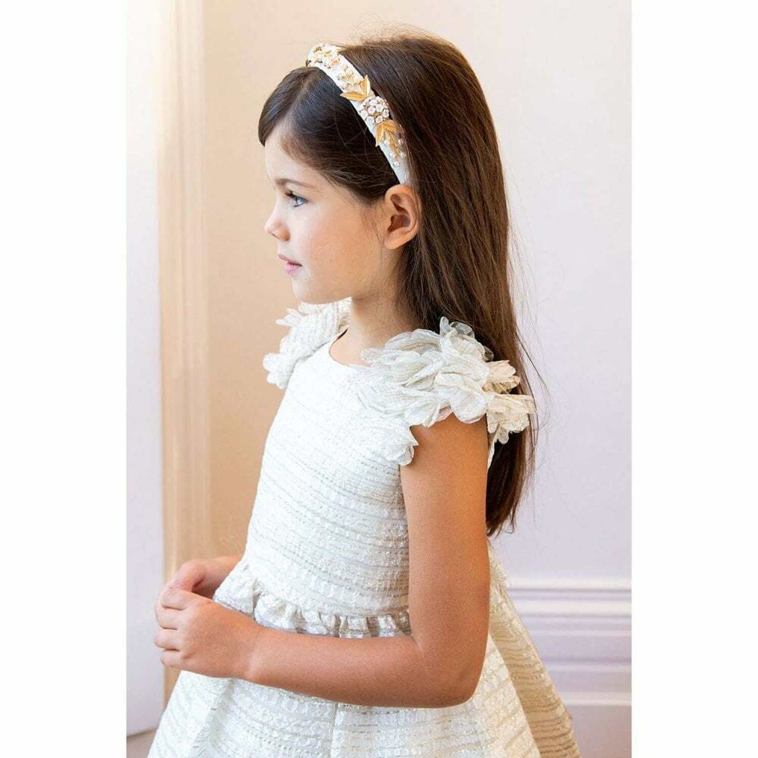 Girls Ivory & Gold Special Occasion Dress, 1, hi-res image number null