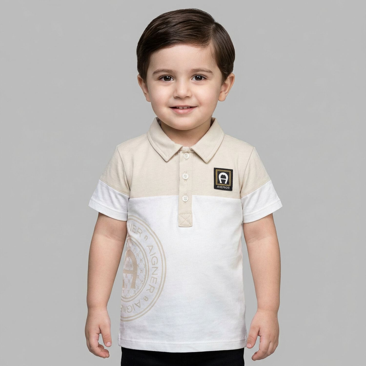 Younger Boys White & Beige Logo Polo Shirt, 1, hi-res