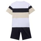 Boys White, Black & Beige Striped Shorts Set, 1, hi-res