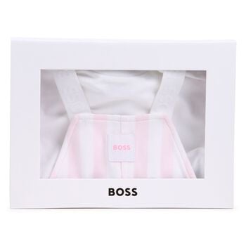 طقم دنغري للأطفال مخطط بالشعار باللون الوردي والأبيض للبنات 