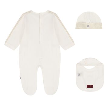 Ivory & Gold Logo Babygrow Hat & Bib Gift Set