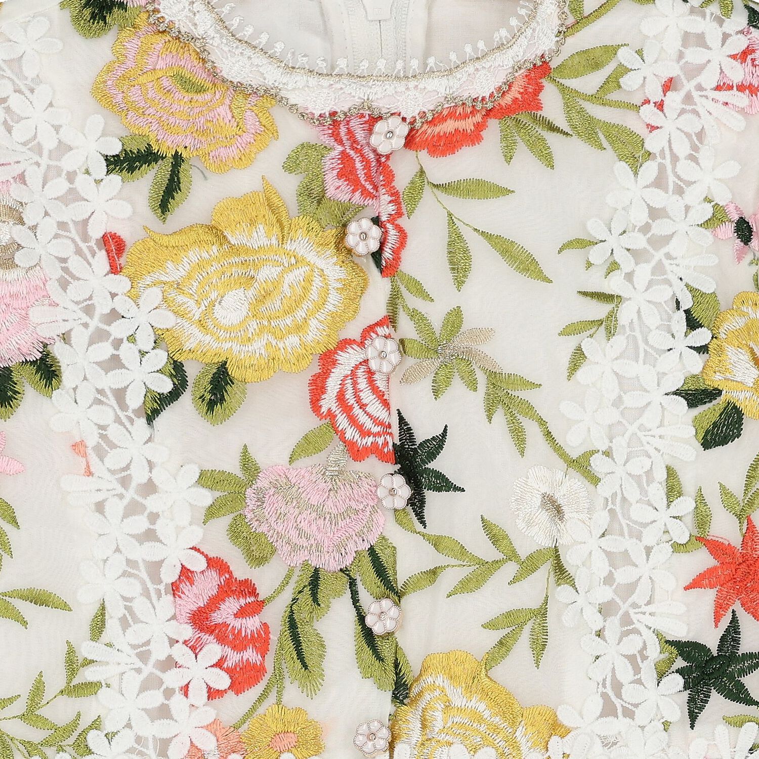 فستان ساتان مزهر باللون الأبيض والأخضر للبنات, 1, hi-res