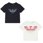 Younger Boys Navy Blue & Ivory Logo T-Shirts ( 2-Pack ), 1, hi-res