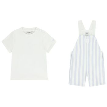 Baby Boys White & Blue Striped Logo Dungaree Set