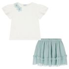 Girls White & Aqua Floral Tulle Skirt Set, 1, hi-res