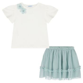 Girls White & Aqua Floral Tulle Skirt Set