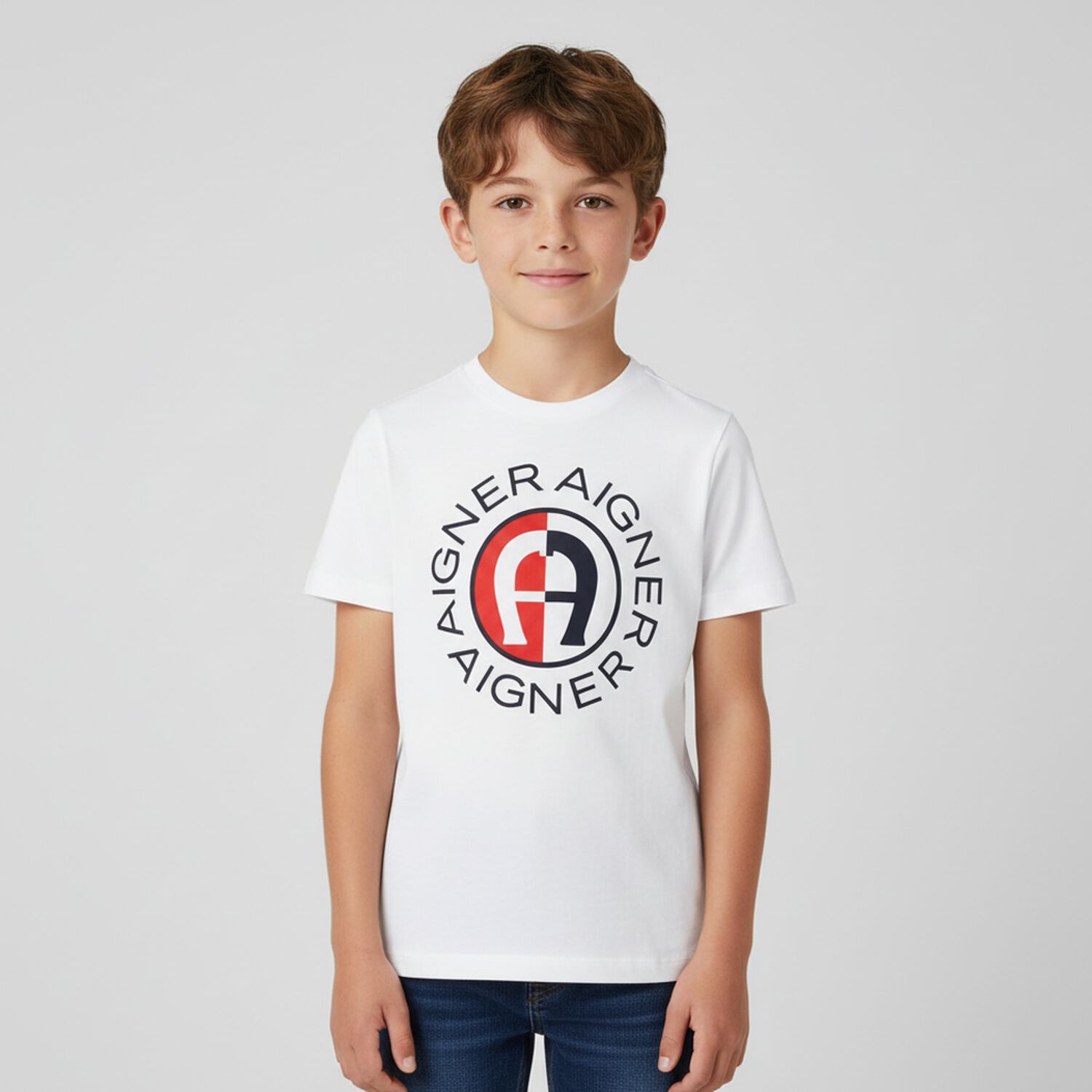 Boys White & Navy Logo T-Shirt, 2, hi-res