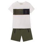 Boys White & Green Shorts Set, 1, hi-res
