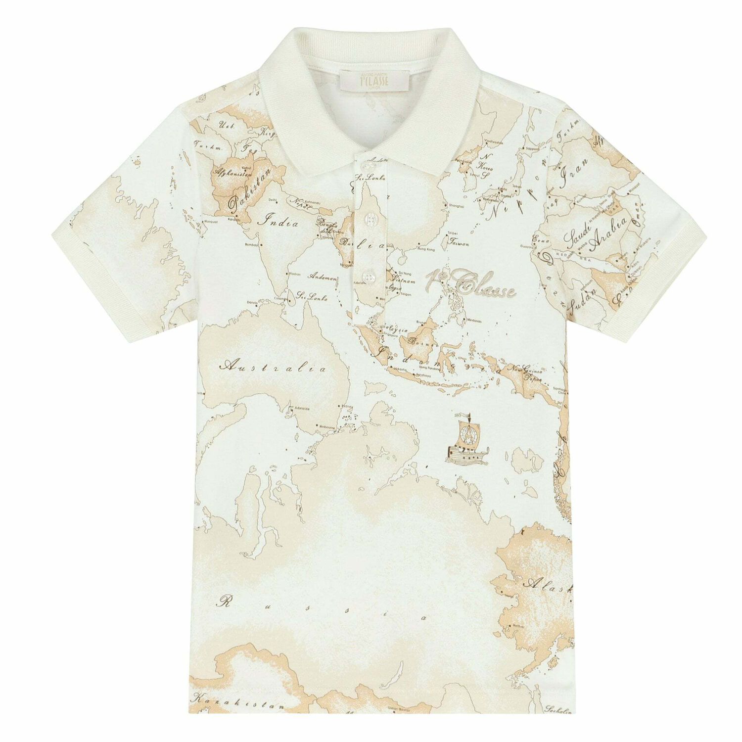 Boys White & Beige Geo Map Polo Shirt, 2, hi-res image number null