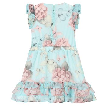 Girls Aqua Floral Print Chiffon Dress