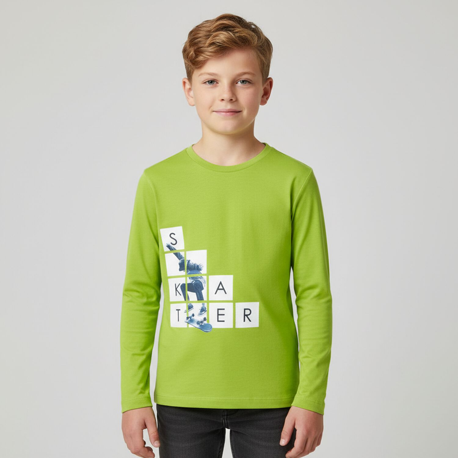 Boys Green Skater Long Sleeve Top, 1, hi-res image number null