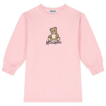 Girls Pink Teddy Bear Logo Swearshirt Dress