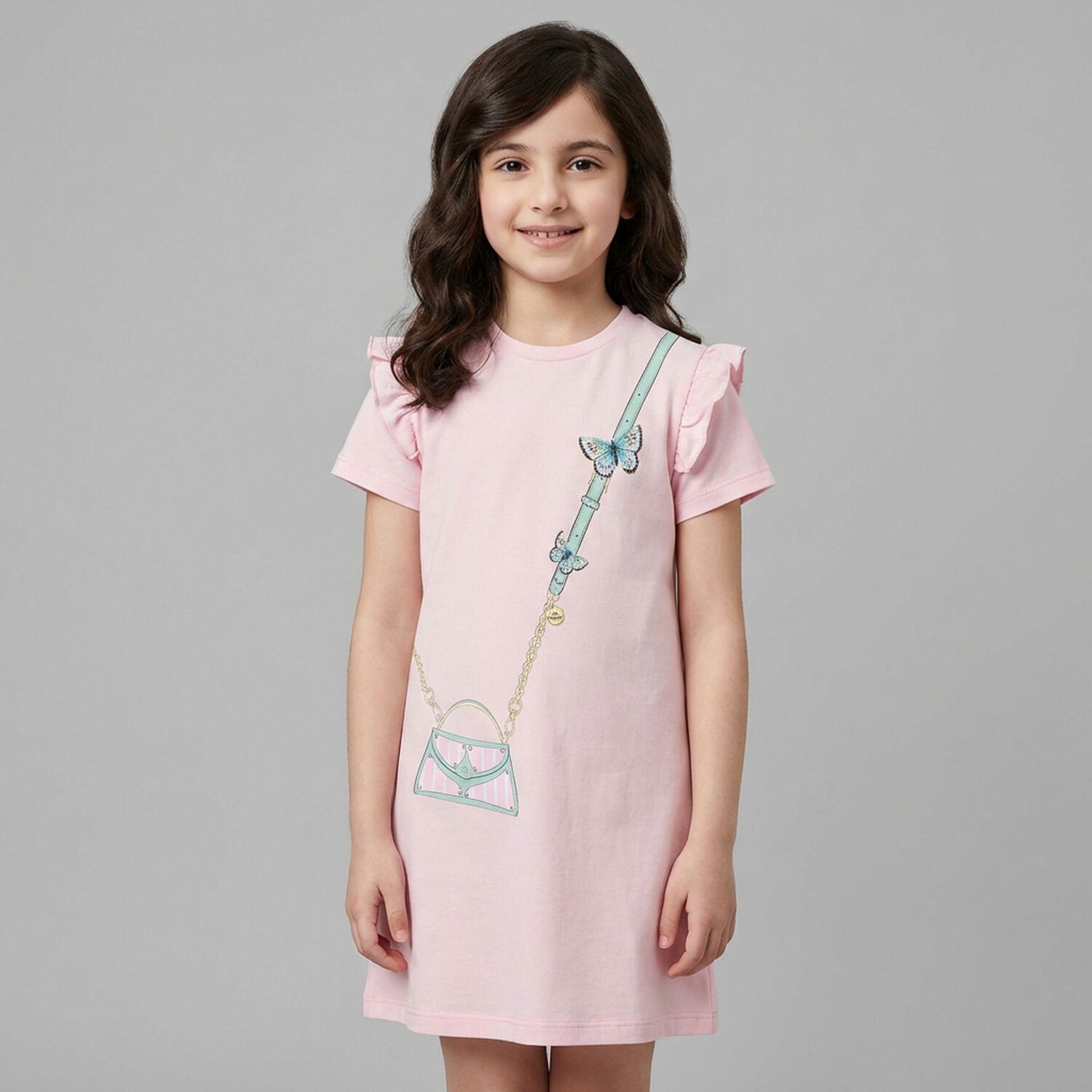 Younger Girls Pink Bag Logo Dress, 3, hi-res