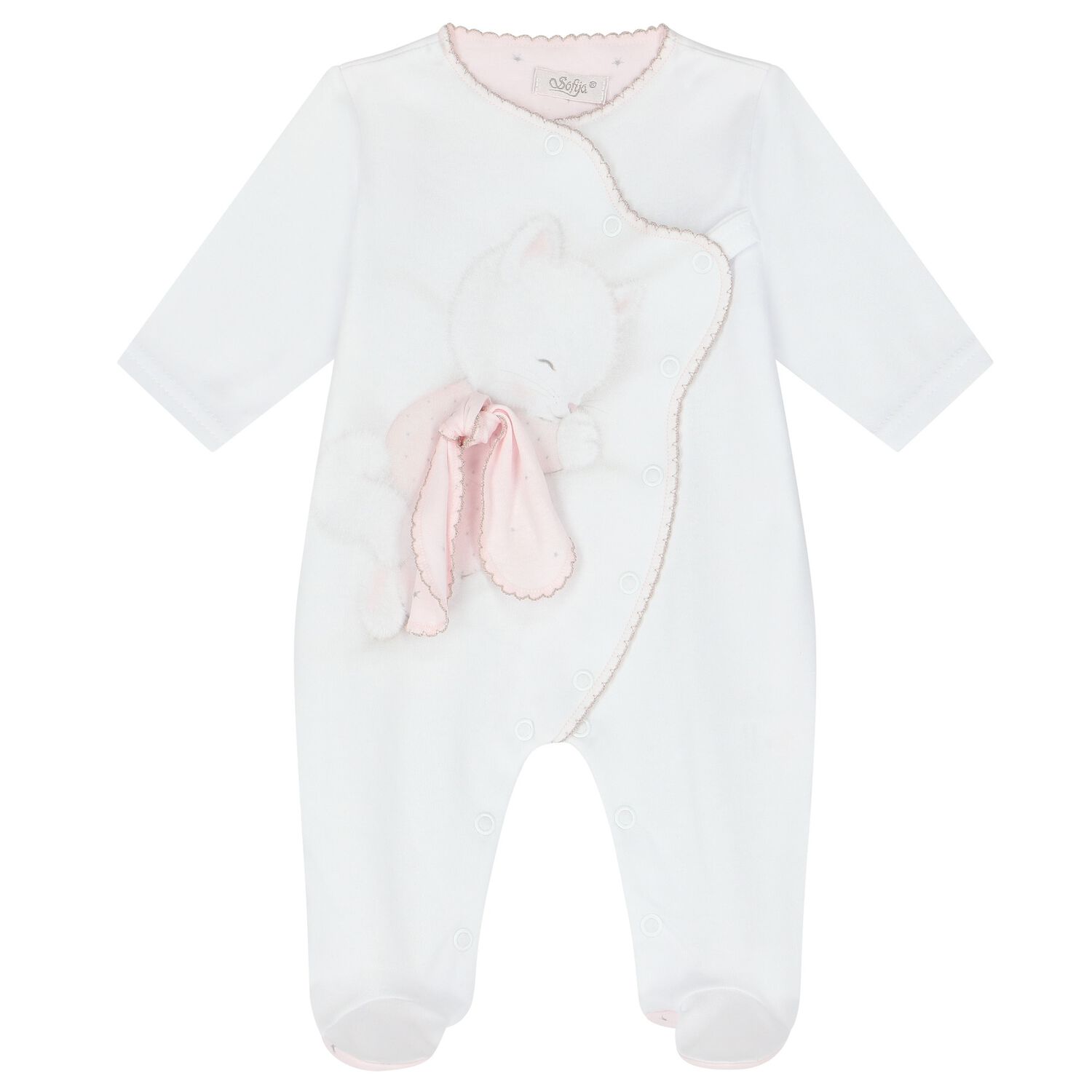 Baby Girls White & Pink Kitten Babygrow, 1, hi-res